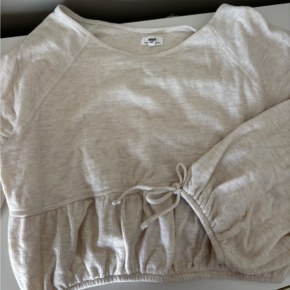 Aerie Cream Textured Long Sleeve Top